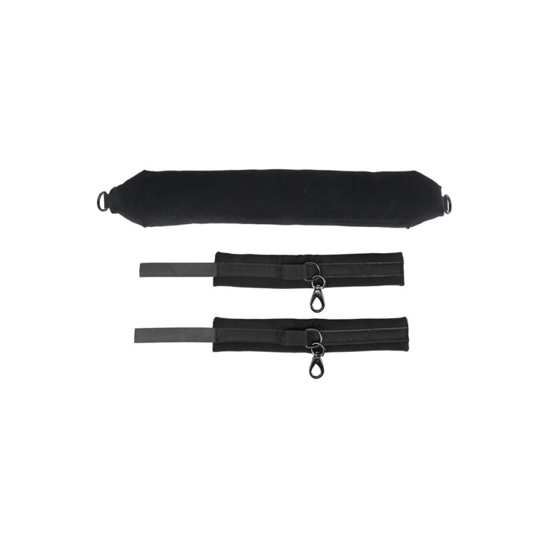 Adjustable BDSM restraint set with padded ankle and wrist cuffs, featuring metal D-rings for versatile bondage play, designed for safe and comfortable adult intimacy experiences.
