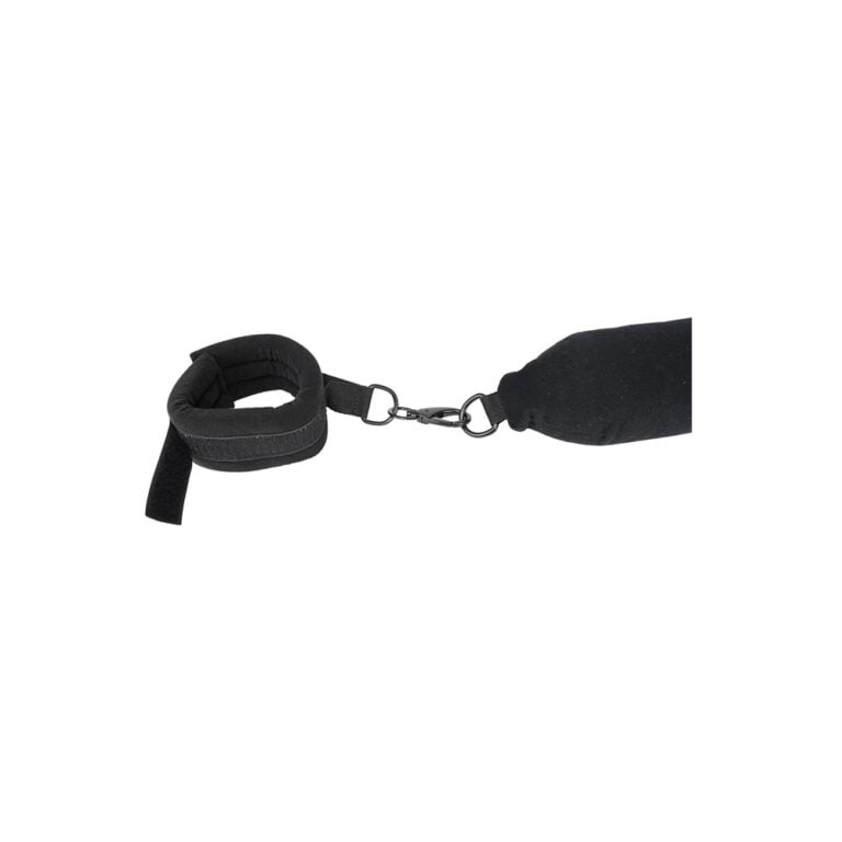 Black BDSM restraint cuff with adjustable strap and metal clip, ideal for bondage, BDSM, and adult play. Perfect for enhancing intimacy and exploring consensual power dynamics.