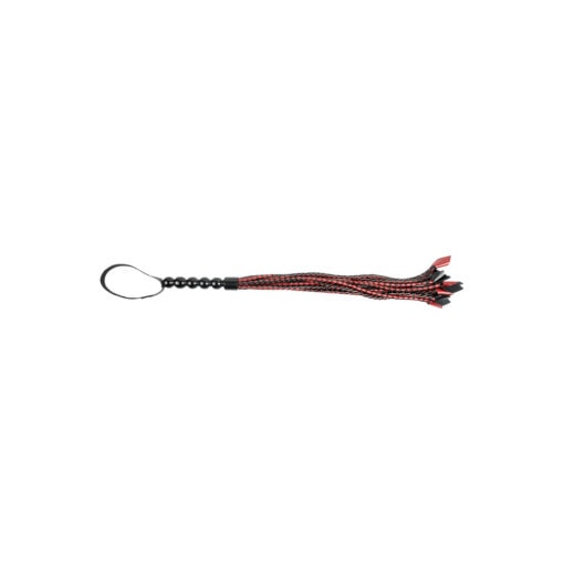 A red and black rope with a black handle.