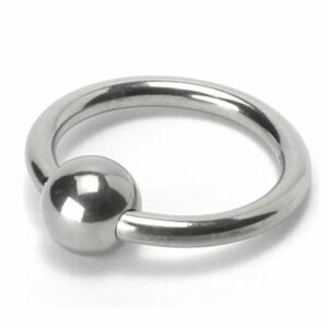 A stainless steel ball ring on a white background.