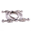 A pair of stainless steel clamps on a white background.