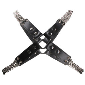 A pair of black leather chokers with chains.