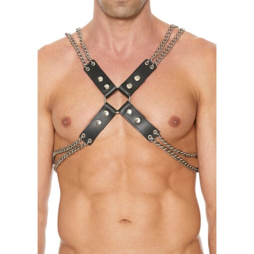 A man wearing a black leather harness with chains.