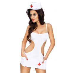 A woman in a white nurse costume posing.