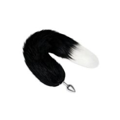 A black and white fox tail on a white background.