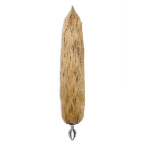 A fox tail hanging on a white background.