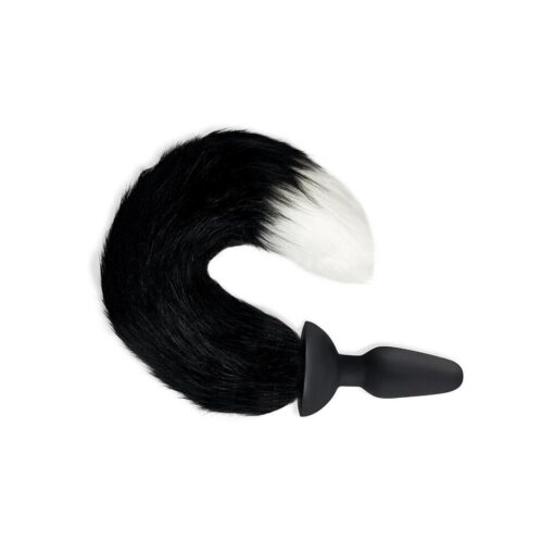 A black and white skunk with a black and white tail.