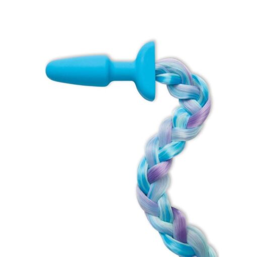 A blue and purple braided hair plug on a white background.