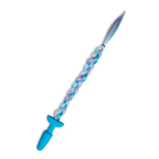A blue and purple braided wand with a blue handle.