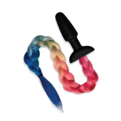 A pink, blue, and purple braided sex toy on a white background.