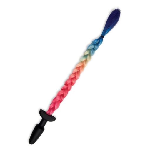 A rainbow braided hair comb with a black handle.