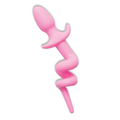 A pink snake shaped sex toy on a white background.