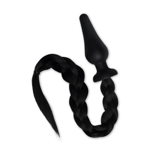 A black braided sex toy on a white background.