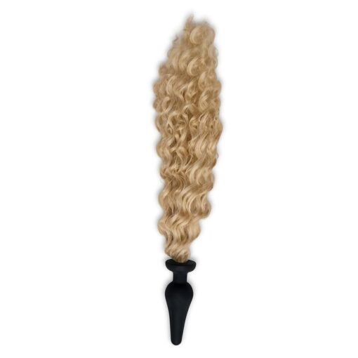 A curly haired wig with a black handle.