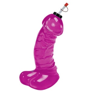 A pink dildo with a bottle attached to it.