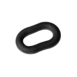 A black rubber o ring on a white background.
