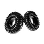 Two black plastic rings on a white background.