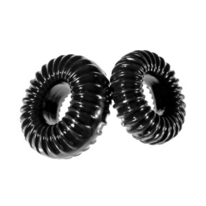 Two black plastic rings on a white background.