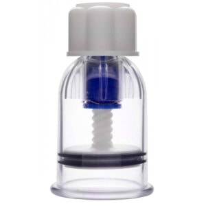 A clear plastic bottle with a blue lid.