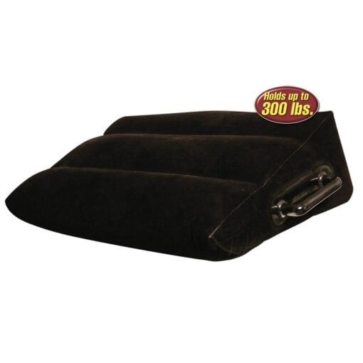 A black pillow with a metal handle.