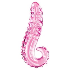 A pink octopus shaped balloon on a white background.
