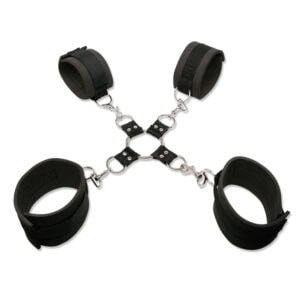 Three black handcuffs on a white background.