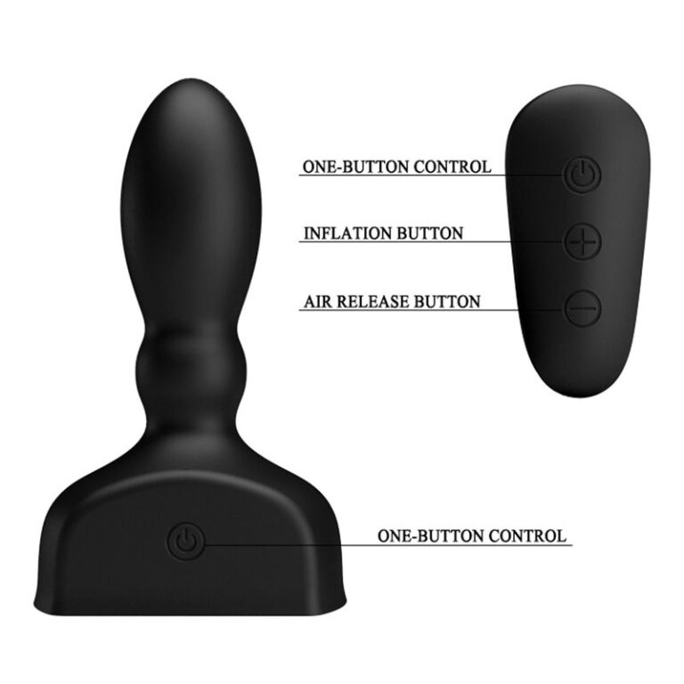Black pleasure device with remote control, featuring one-button control, inflation, and air release buttons for customizable experience.