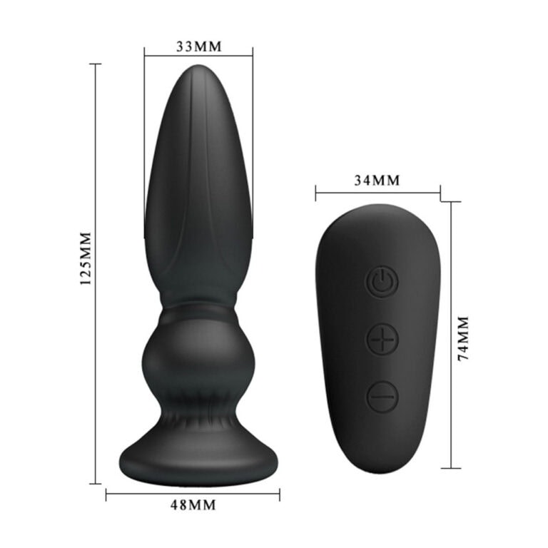 An ergonomic black anal vibrator with remote control, designed for enhanced pleasure and discreet use. Features adjustable vibrations, ergonomic shape, and compact size for comfortable insertion and s.