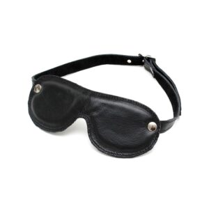 A black leather eye mask on a white background.