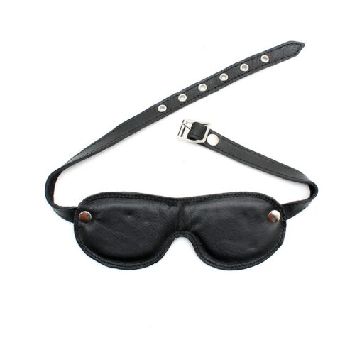 A black leather eye mask on a white background.