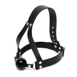 A black leather harness with a ball on it.
