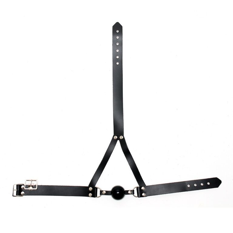A black leather bondage harness designed for BDSM and fetish activities, featuring adjustable straps and metal hardware for secure and comfortable wear.