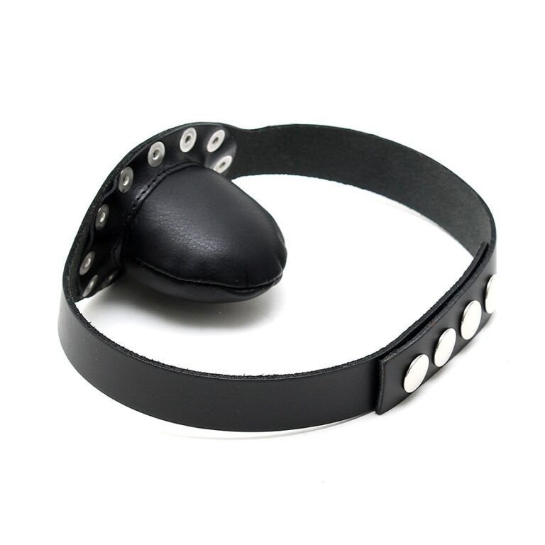 Leather BDSM collar with metal studs for adult intimacy and fetish play. Adjustable black leather collar featuring a soft padded heart-shaped element for comfort and style, ideal for consensual BDSM a.