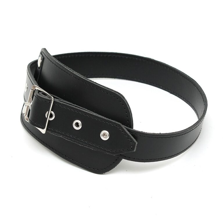 A black leather bondage collar with adjustable buckle, metal eyelets, and sturdy construction, designed for BDSM and fetish play. Perfect for enhancing intimacy and exploring consensual power dynamics.