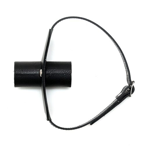A black leather strap with a metal ring attached to it.