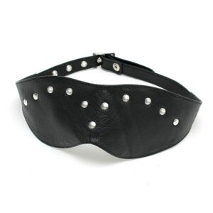 A black leather eye mask with studded straps.