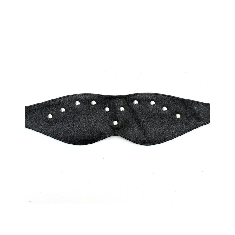 Leather blindfold with metal studs for sensory play and BDSM experiences, designed for enhanced intimacy and pleasure. Perfect for couples exploring erotic role-play and sensation deprivation.