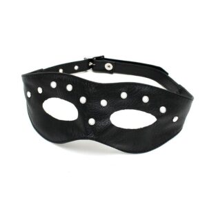A black leather mask with pearls on it.