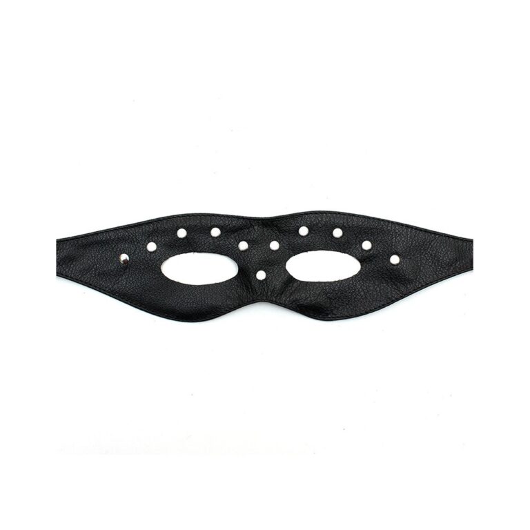 An elegant black leather mask designed for adult role play, featuring eye holes and decorative perforations, perfect for enhancing intimacy and adding excitement to private moments.