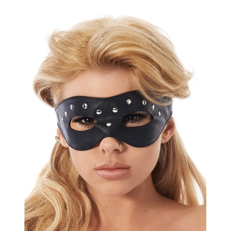 A woman wearing a black leather mask with silver studs, highlighting themes of intimacy, sensuality, and adult pleasure products. Perfect for promoting sextech and innovative adult accessories.