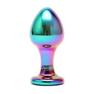 A colorful egg shaped sex toy on a white background.