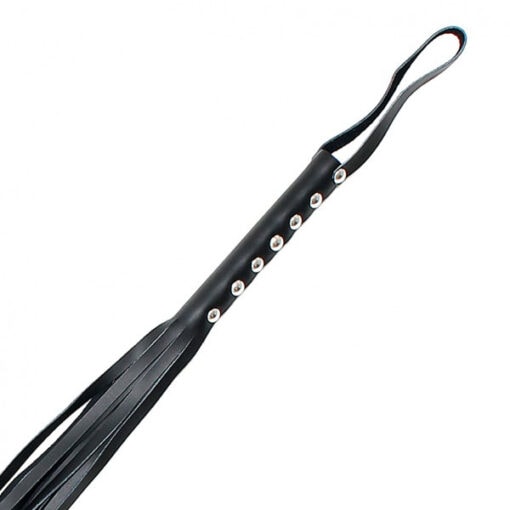 A black leather whip with studs on it.