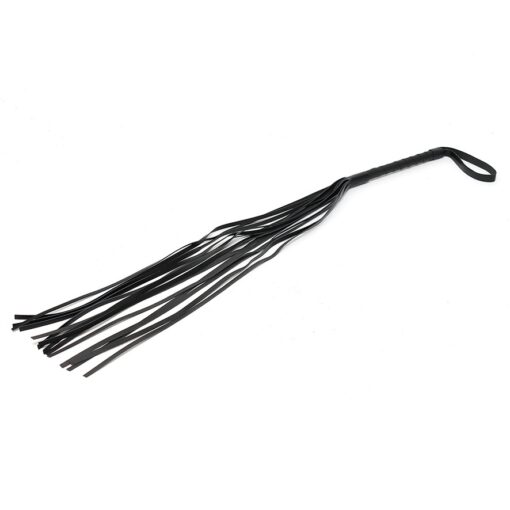 A black leather whip with tassels on a white background.