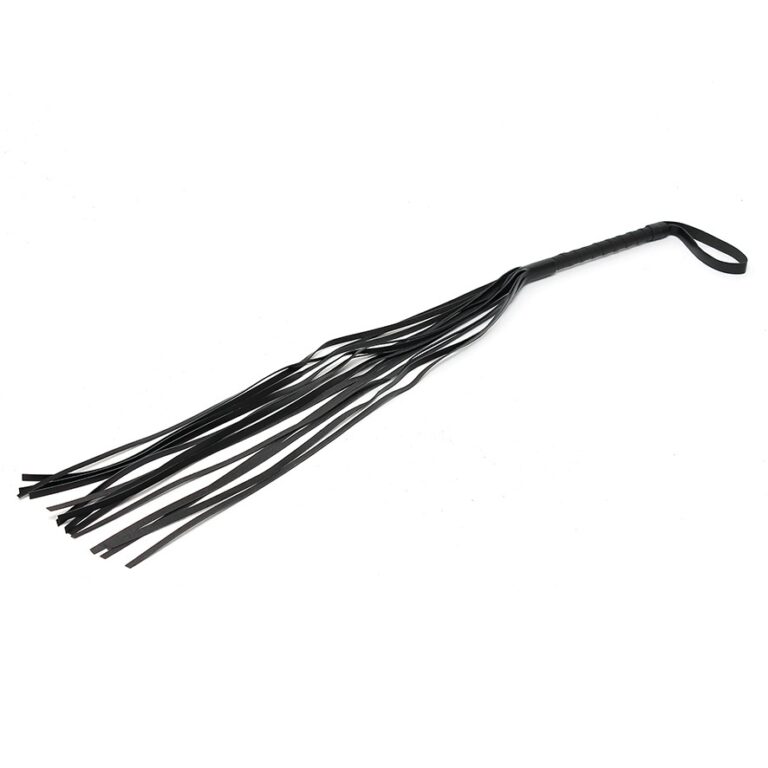 Black leather whip designed for BDSM, bondage, and sensory play, featuring multiple strands for intense sensation and control, ideal for adult consensual experiences.