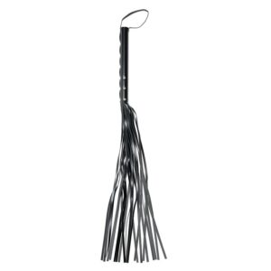 A black leather whip with tassels hanging on a white background.