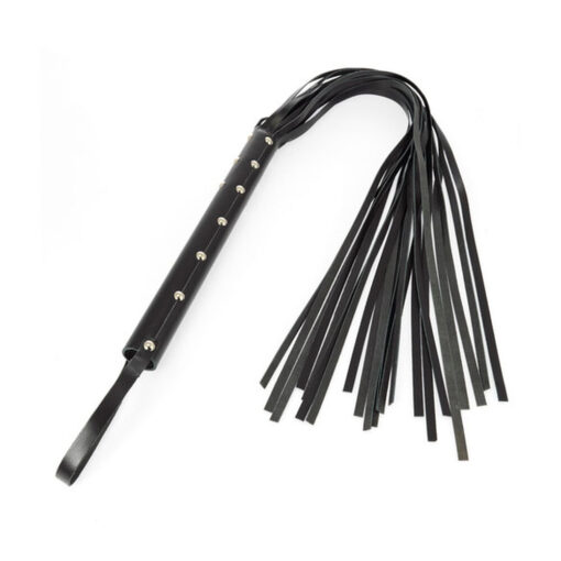 A black leather whip with spikes on it.
