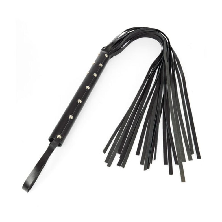 High-quality leather whip designed for BDSM and adult play, featuring multiple leather strips for enhanced sensation and control. Perfect for couples exploring kink and fetish activities.