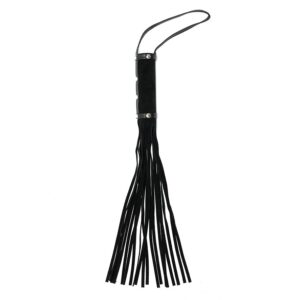 A black leather whip with tassels on it.