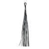 A black leather tassel hanging on a white background.