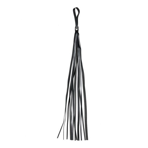 A black leather tassel hanging on a white background.